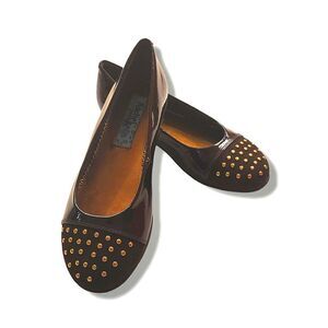 NIB Rachel Shoes Ava Brown Patent Ballet Flats Gold Accents